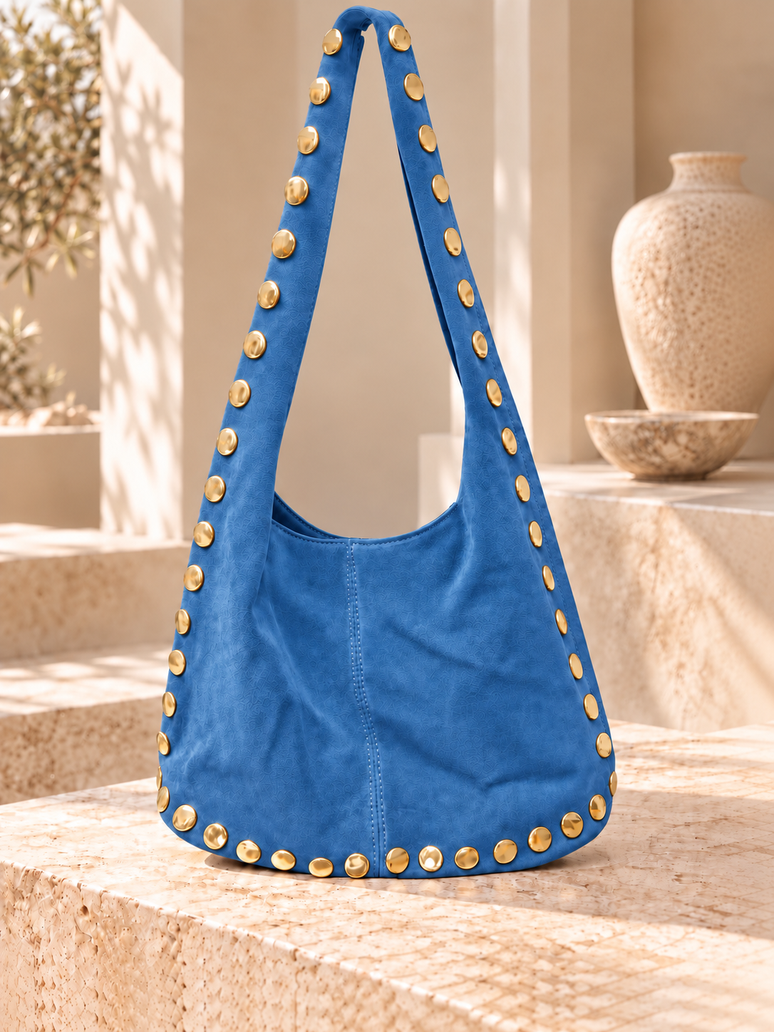 Blue Gold Studded Hobo Bag