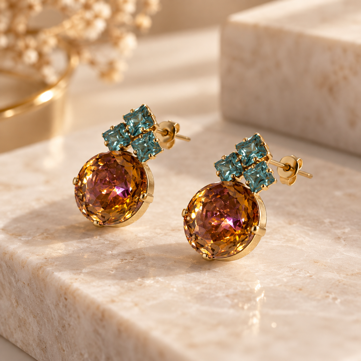TOVA Aqua-Amber 18K Gold-Plated Swarovski Crystal Statement Earrings