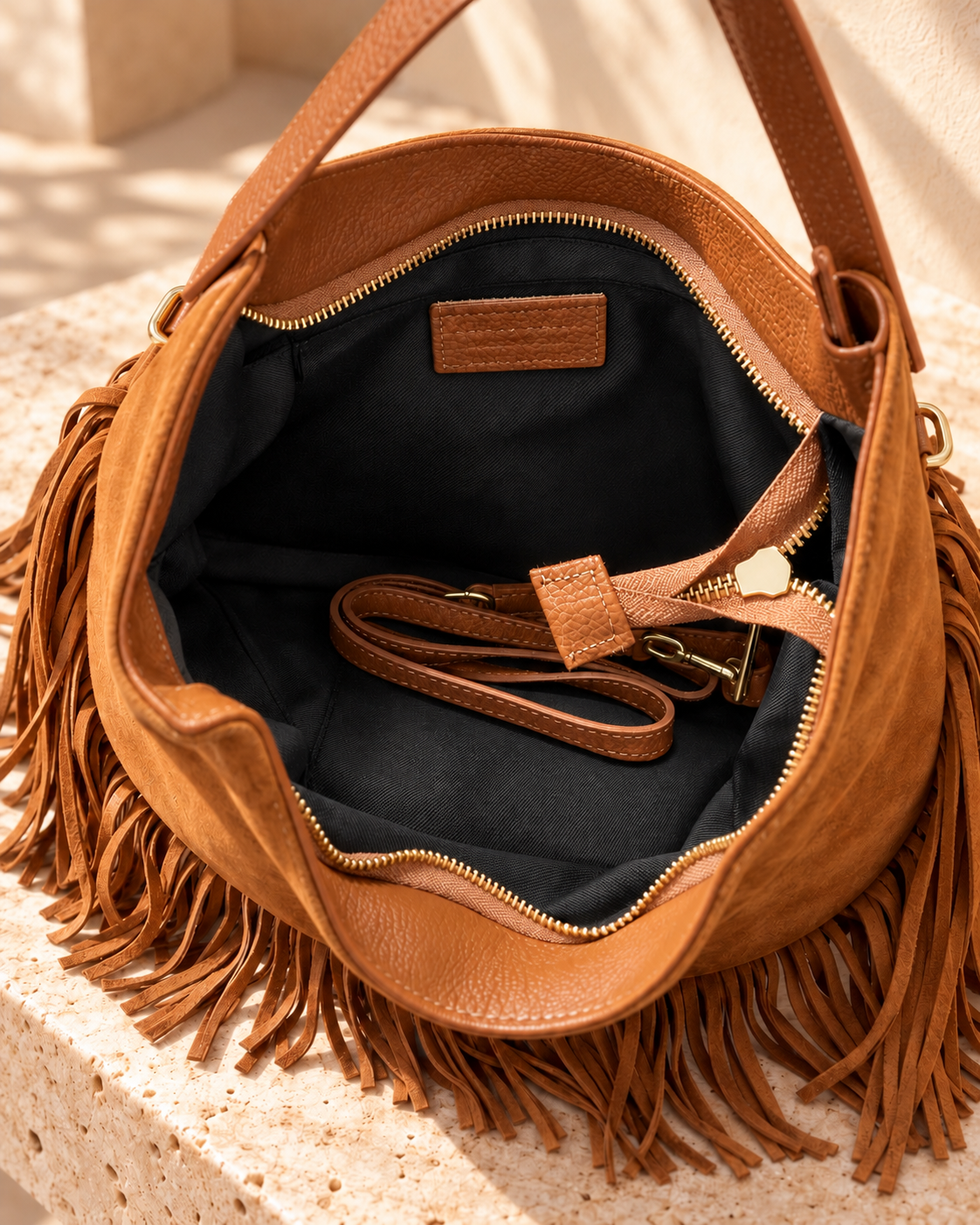 Camel Boho Fringe Hobo Bag