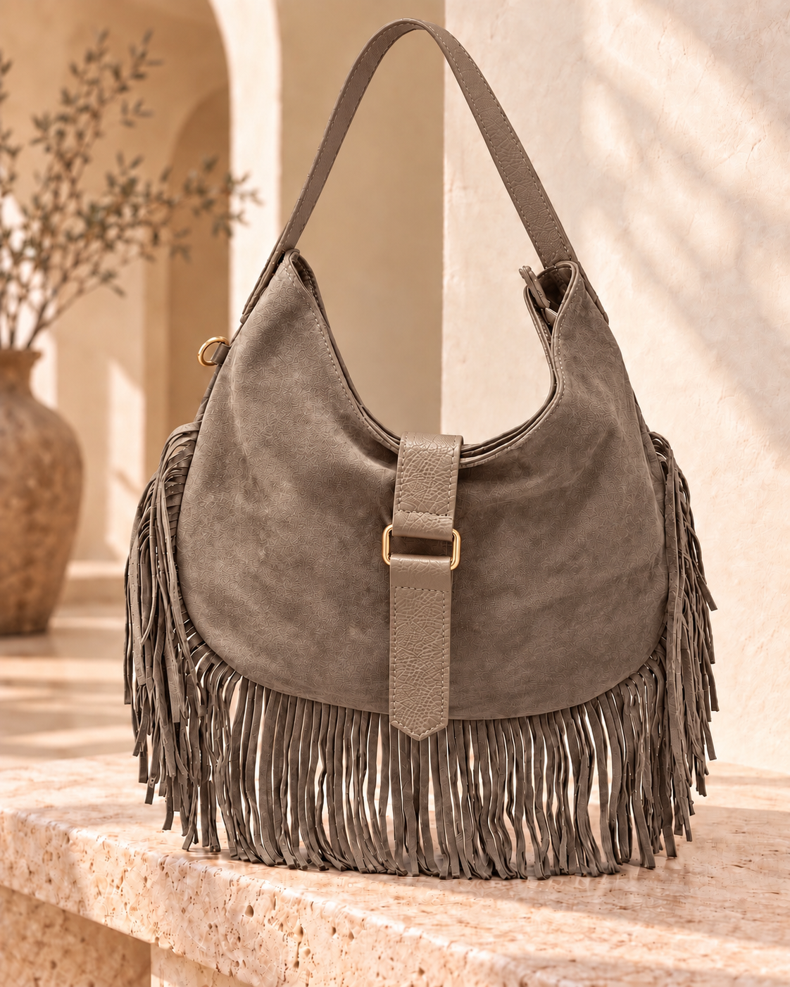 Taupe Boho Fringe Hobo Bag