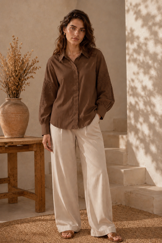 Italian Shirt with Sleeves Embroidery Brown