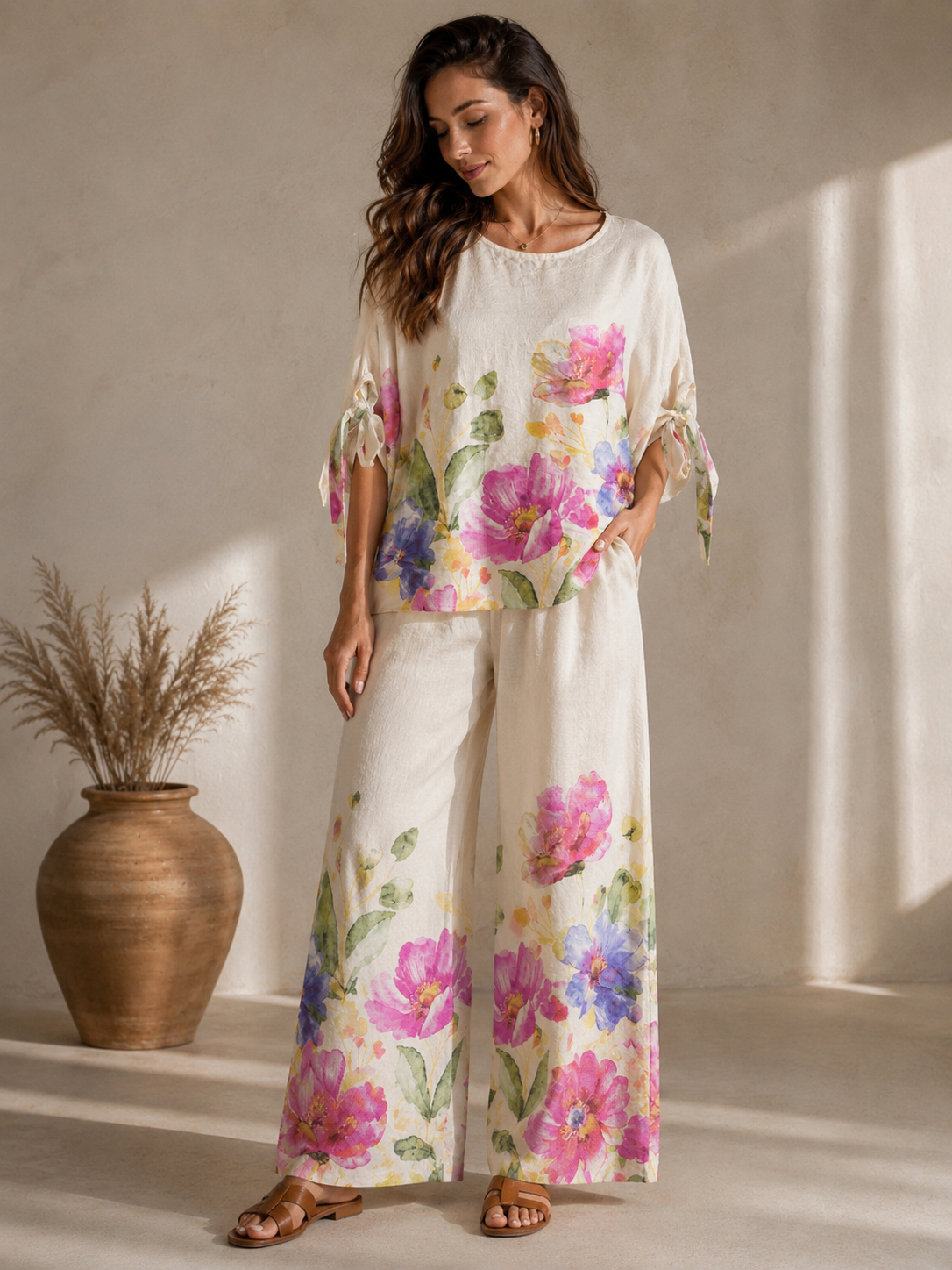 Italian Soft Ivory Floral Linen Set