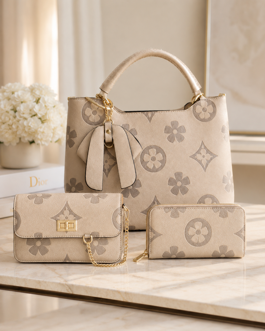 Beige Monogram Luxe 3 In One Handbag Set
