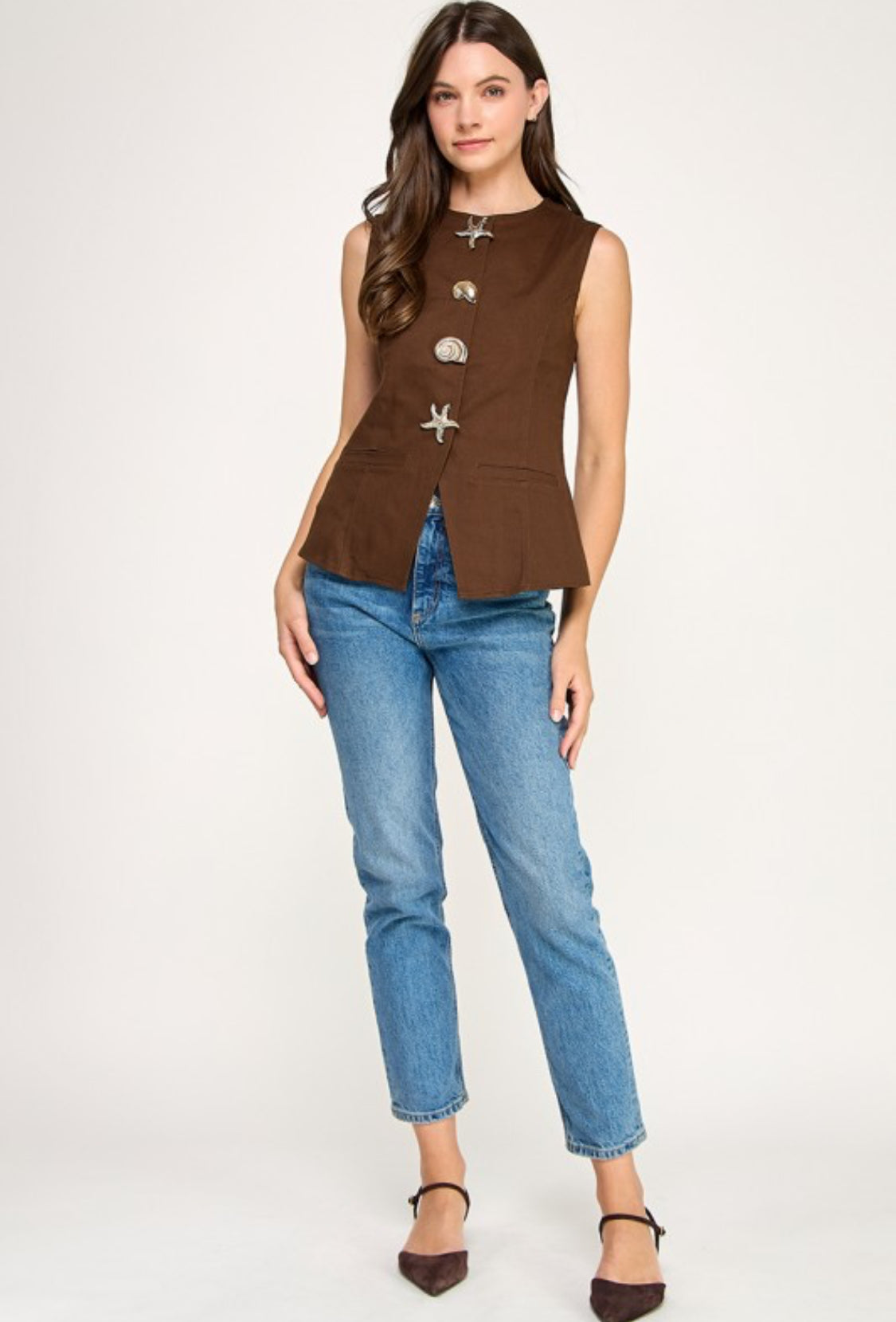 Sleeveless Metal Button Detail Denim Shirt Brown
