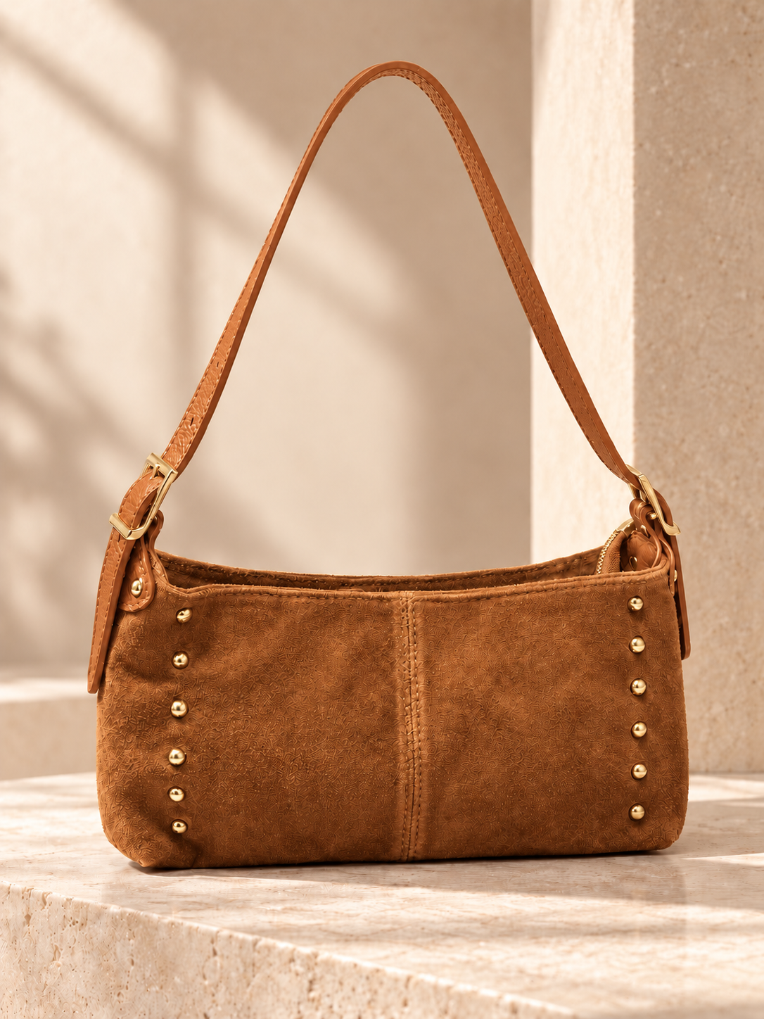 Camel Italian Studded Suede Shoulder Bag