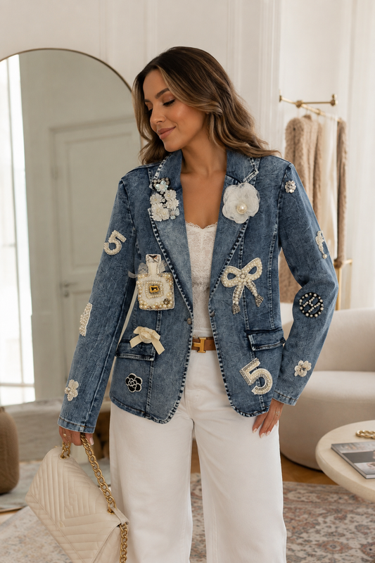 Chanel-Inspired Embellished Denim Blazer