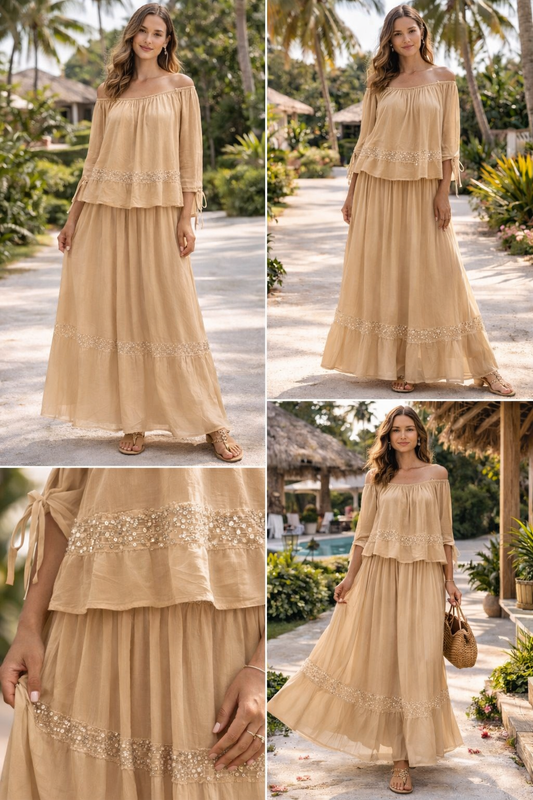 Italian Silk Set Beige with Sequin Accents One Size