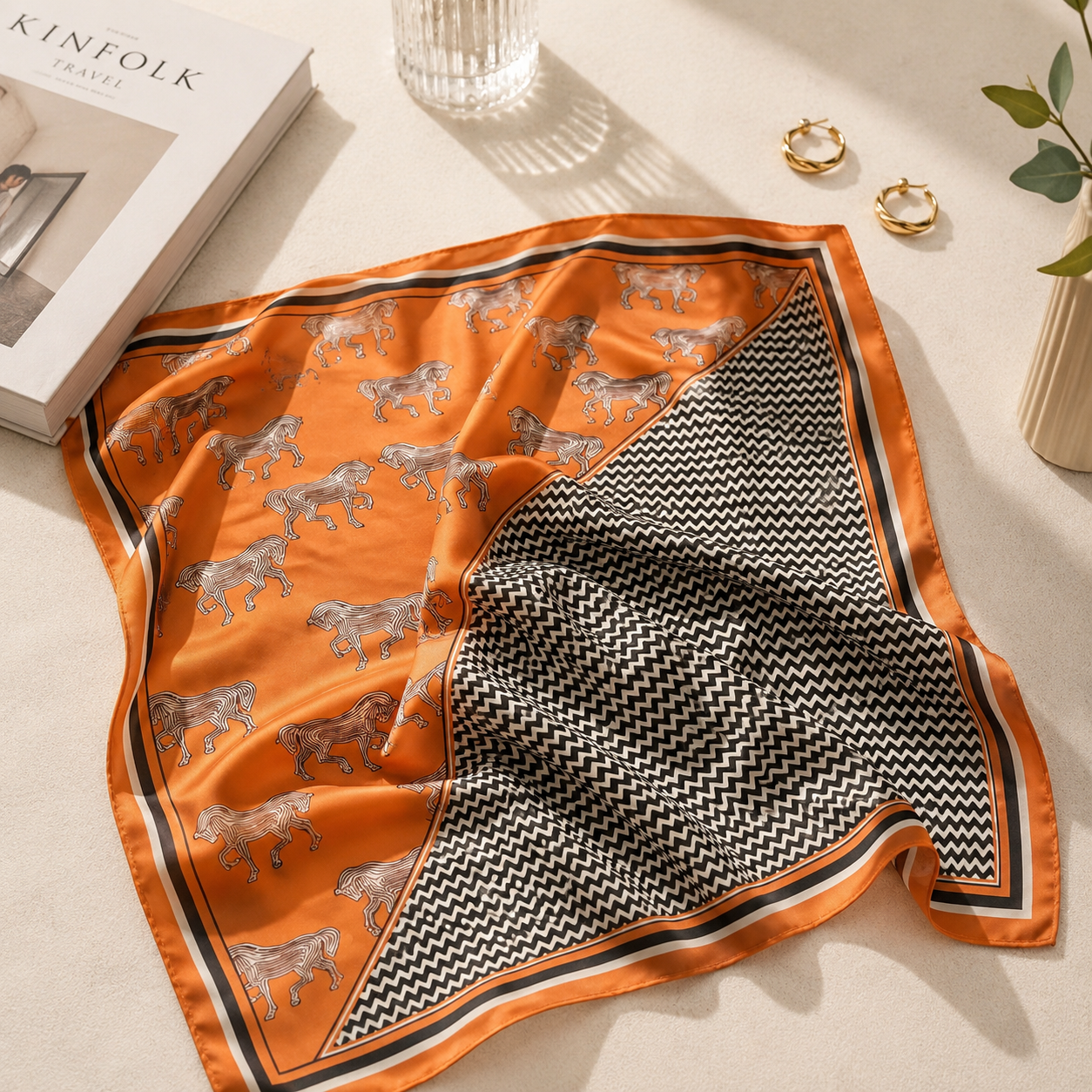 Orange Horse Satin Scarf