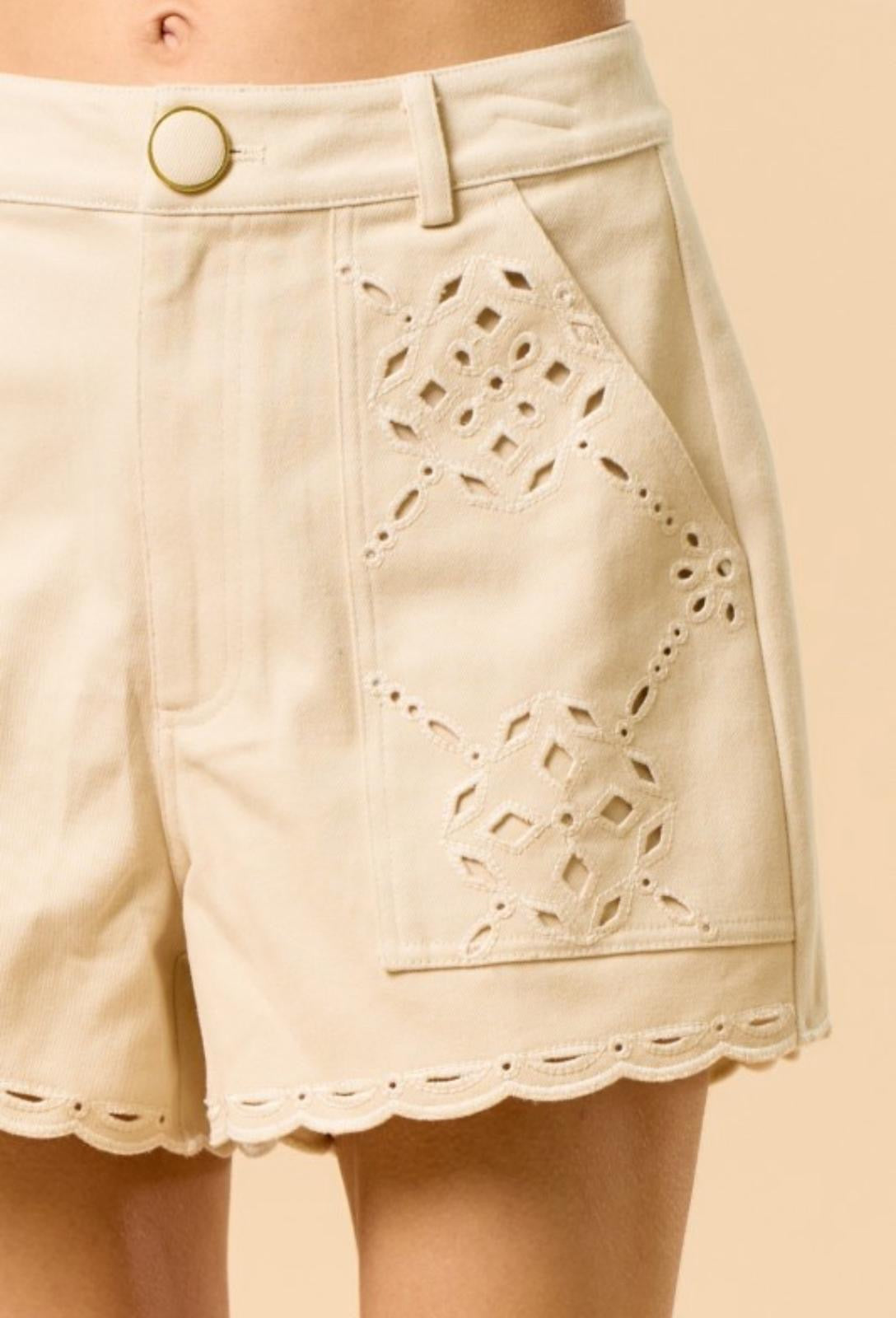 Embroidered Scalloped Hem Shorts