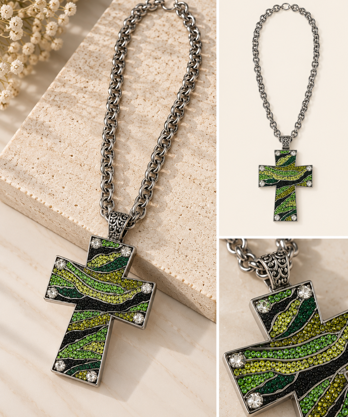 Emerald Wave Crystal Cross Necklace