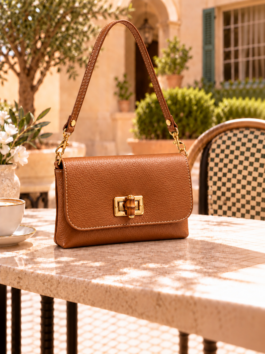 Camel Italian Leather Bamboo-Detail Bag