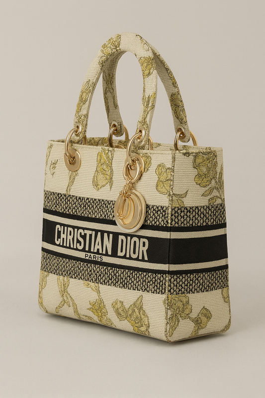 Designer Inspired Tote Bag Beige Base Complemented By Subtle Black and Gold Accents