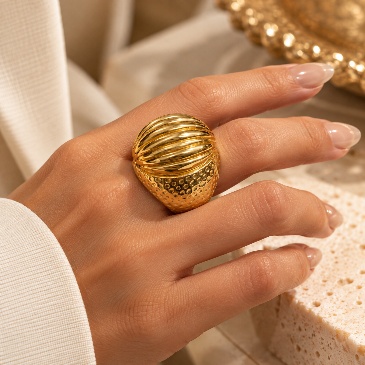 Golden Sculpted Dome Statement Ring – Size 8