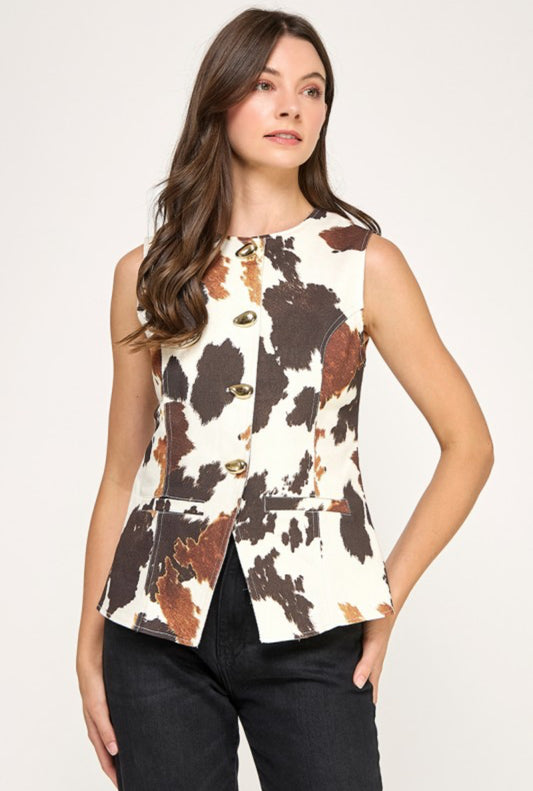 Metal Button Detail Animal Print Shirt
