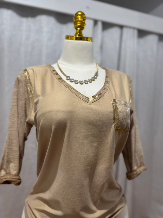Gold Long Sleeve Top With Distinctive Accent Pocket