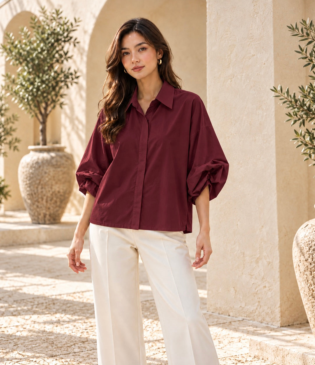Wine Italian Volume Sleeve Blouse