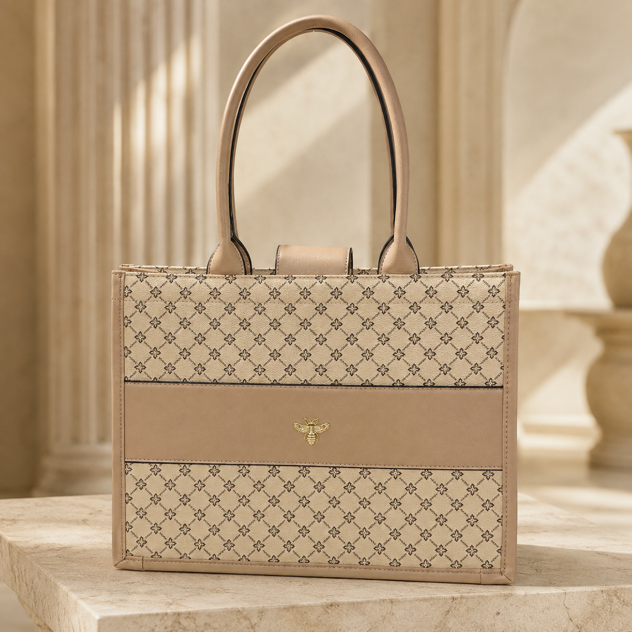Taupe Monogram Bee Vegan Leather Tote Bag