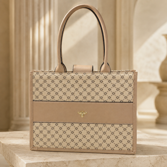 Taupe Monogram Bee Vegan Leather Tote Bag