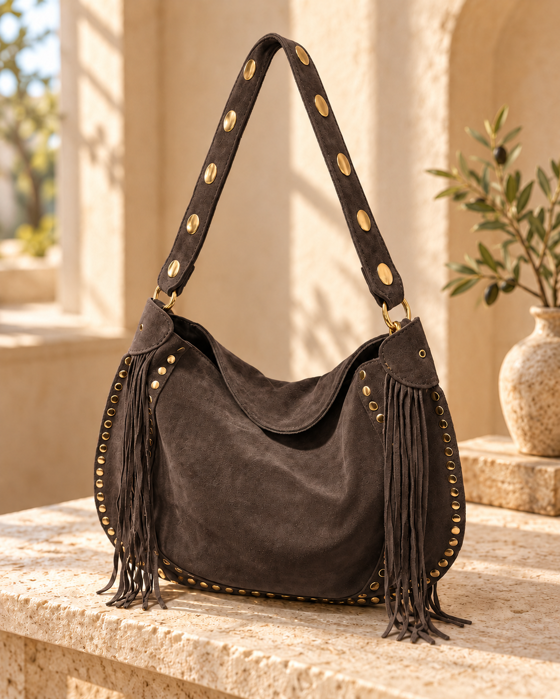 Dark chocolate Boho Fringe Hobo Bag