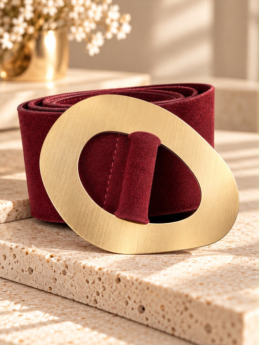 Wine Suede Geometric Gold Buckle Belt