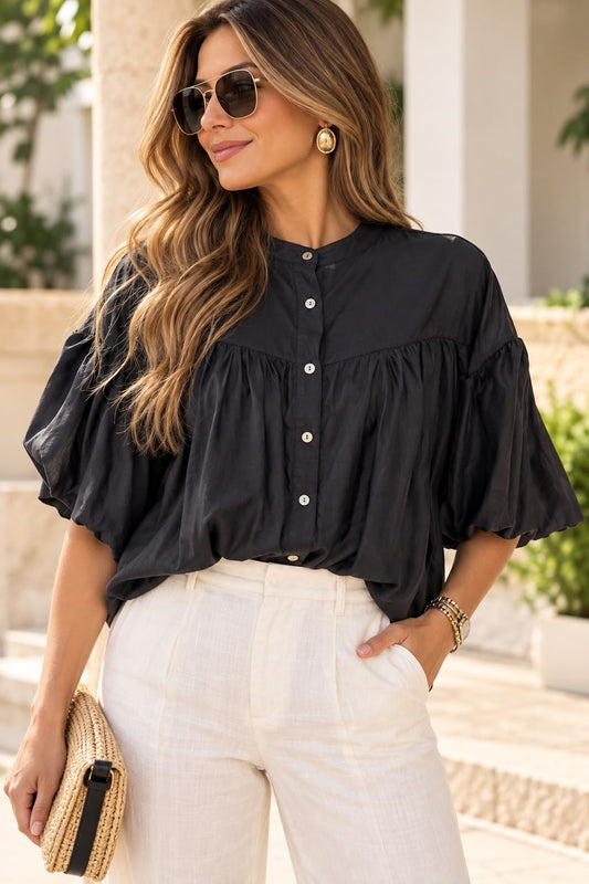 Black Italian Lyocell Balloon Sleeve Blouse