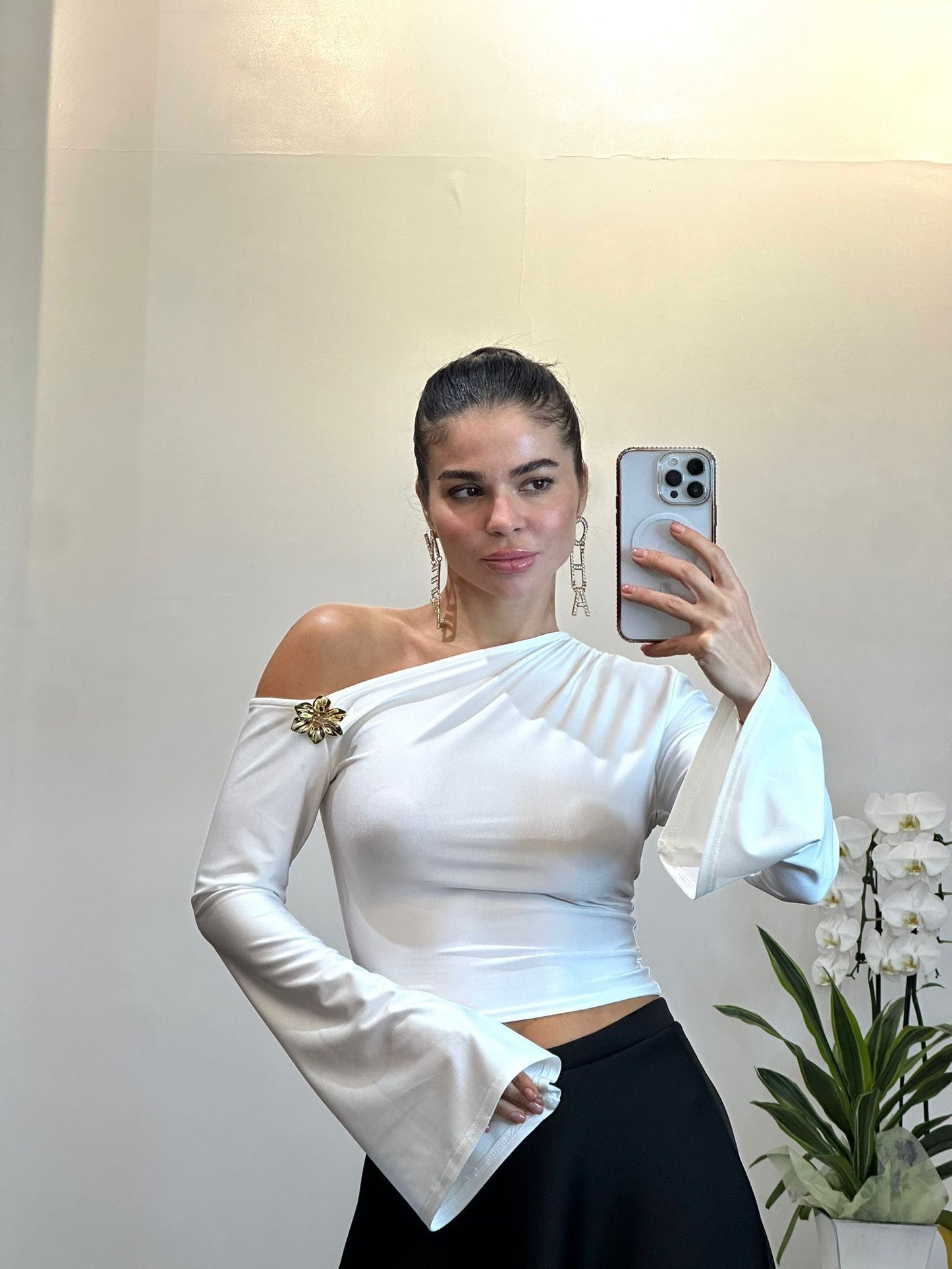 White Satin One-Shoulder Blouse with Flared Sleeve
