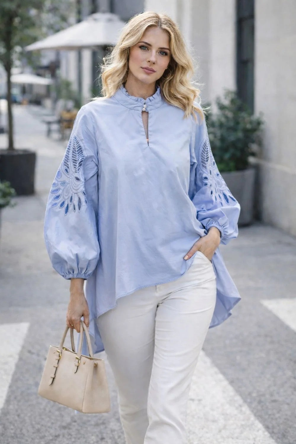 N by Nancy Eyelet Sleeve High-Low Top Blue