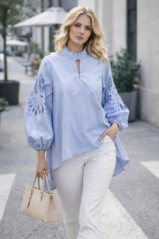 N by Nancy Eyelet Sleeve High-Low Top Blue