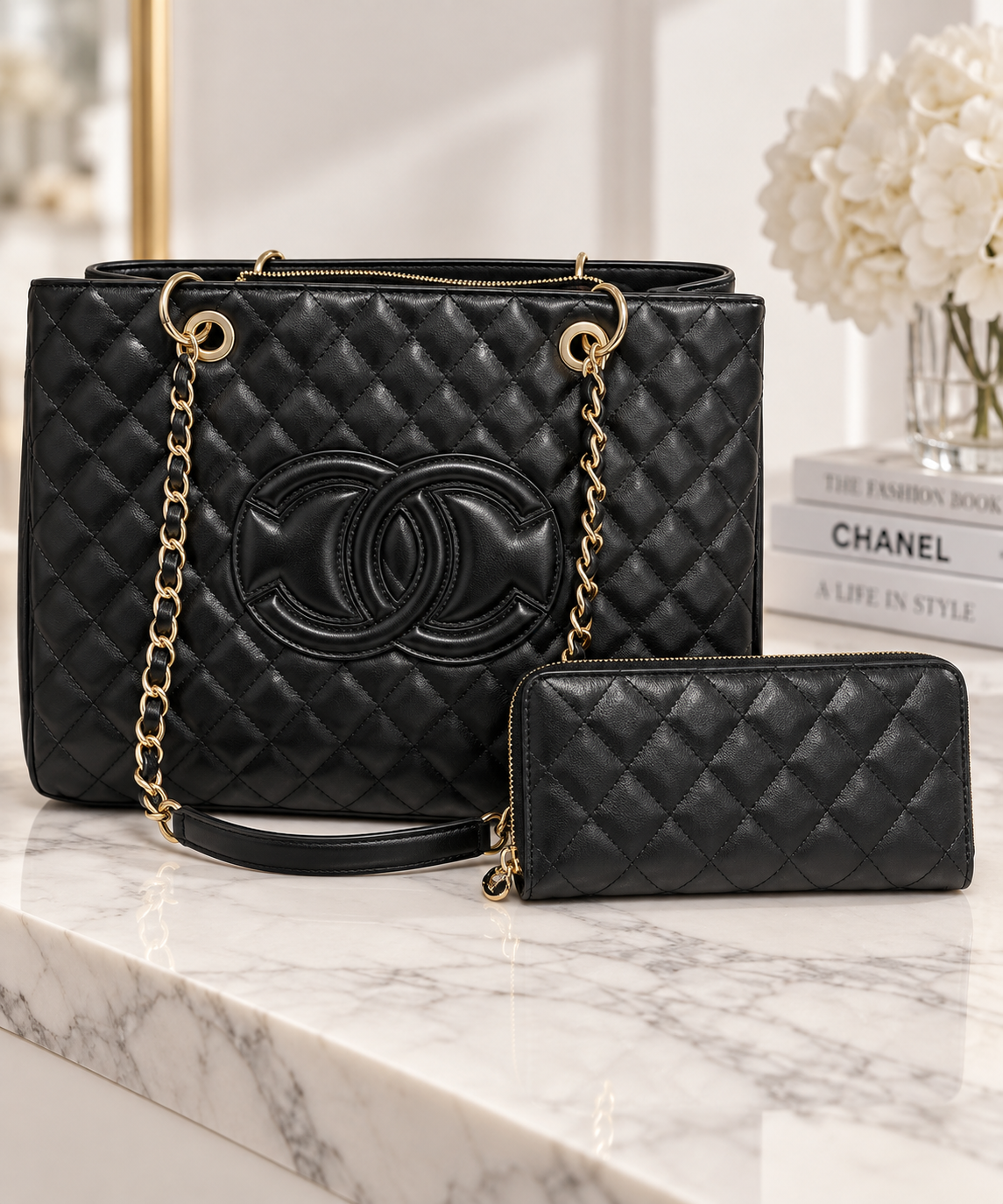 Quilted Luxe Tote & Wallet Set Black