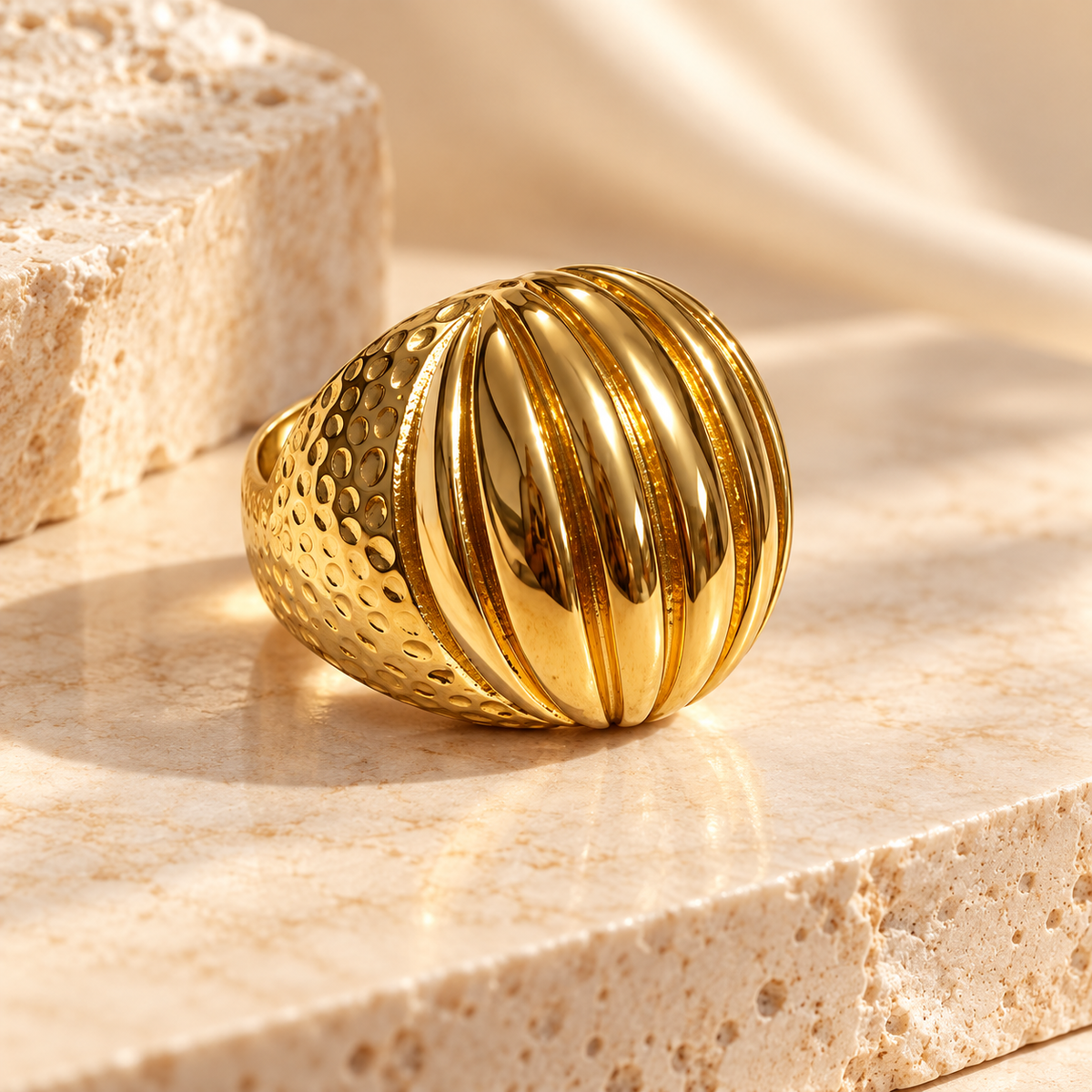 Golden Sculpted Dome Statement Ring – Size 8