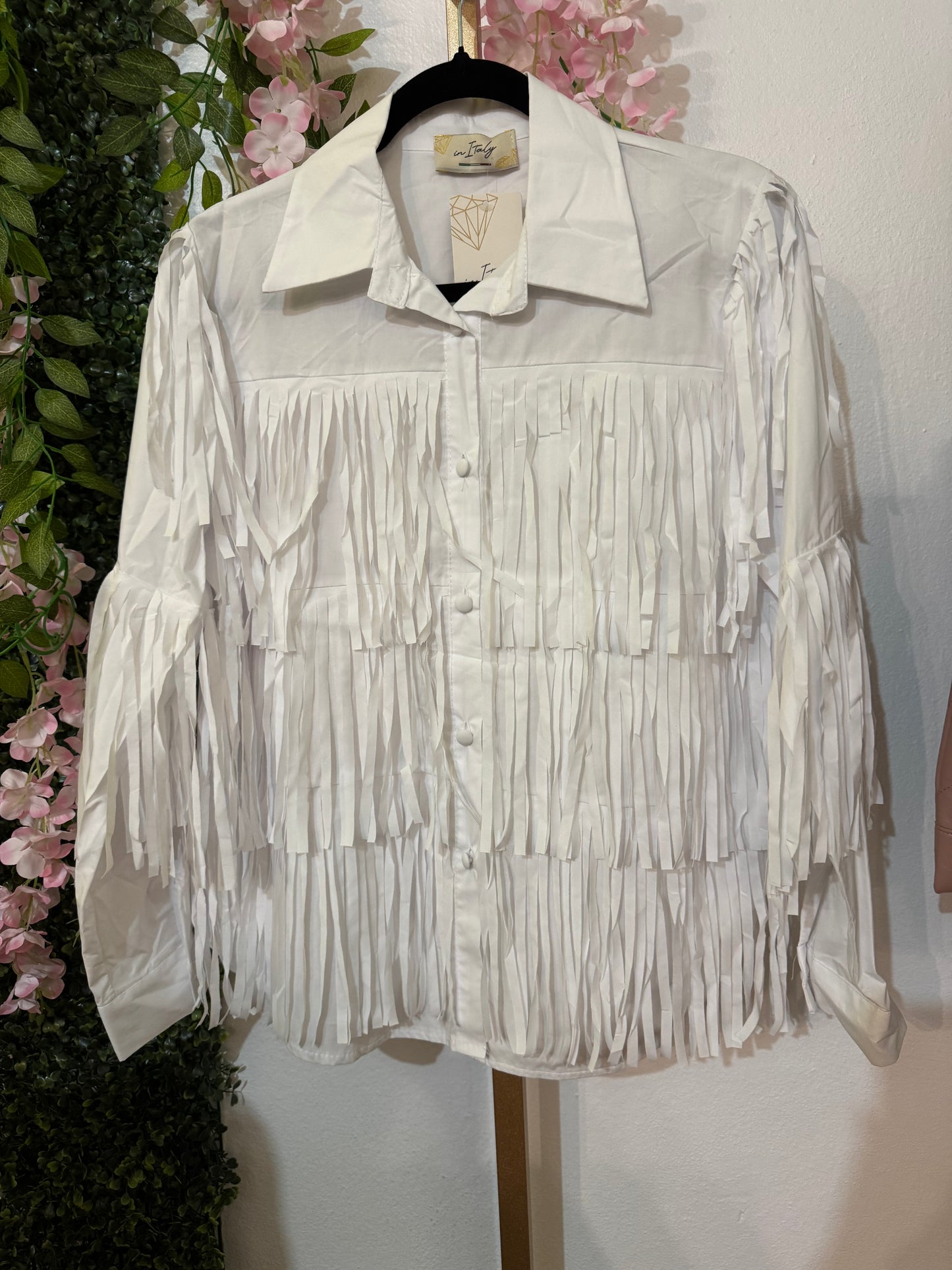 Italian Fringes Button Down Top White