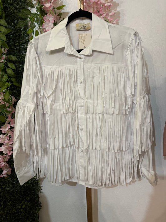 Italian Fringes Button Down Top White