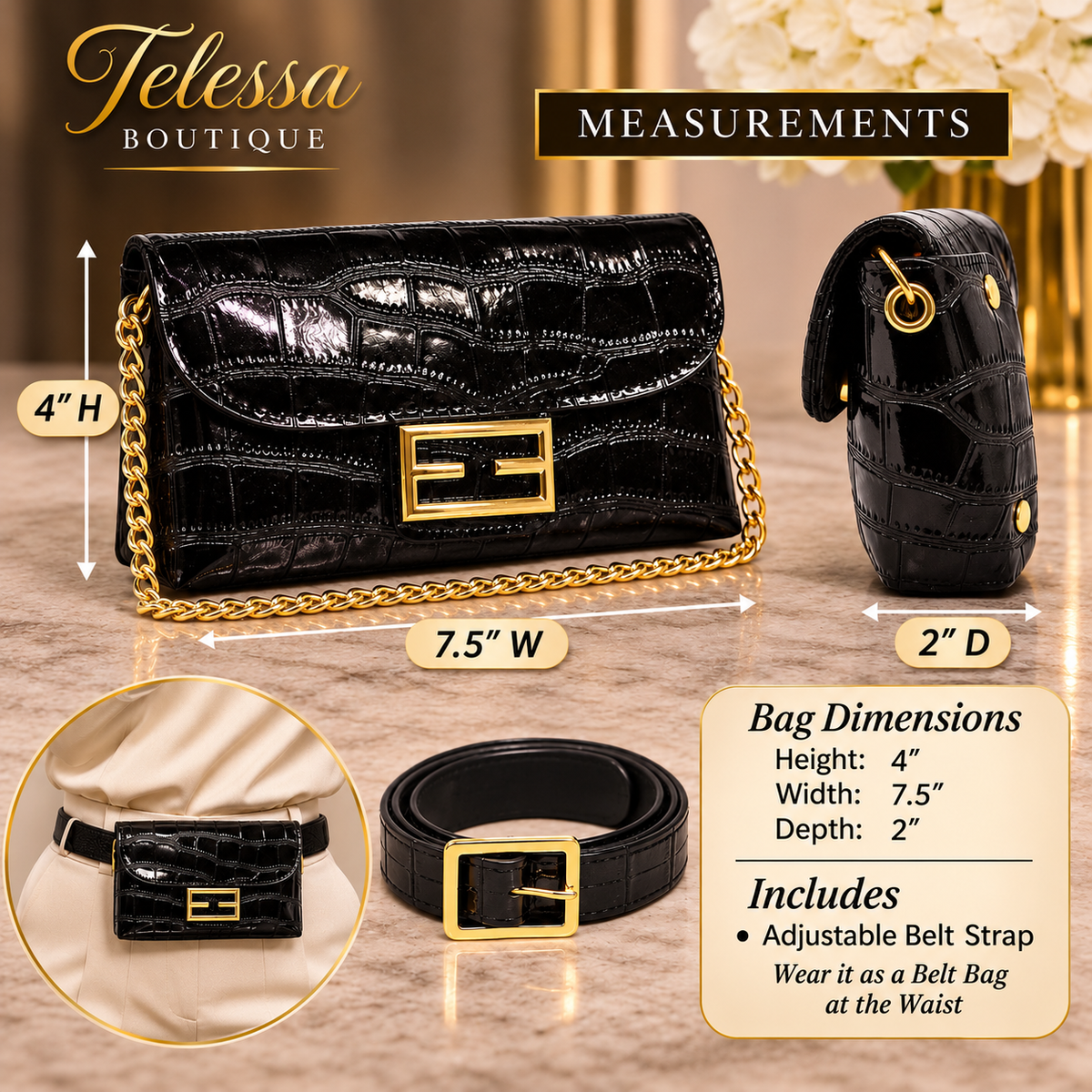 Black Designer-Inspired Croc Convertible Bag