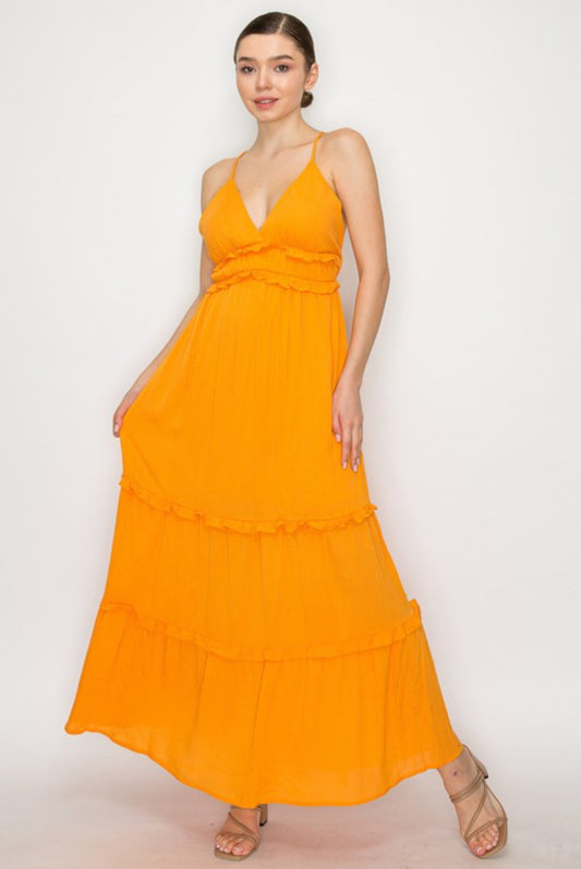 Crossed Back Ruffle Trim Tiered Tangerine Dress