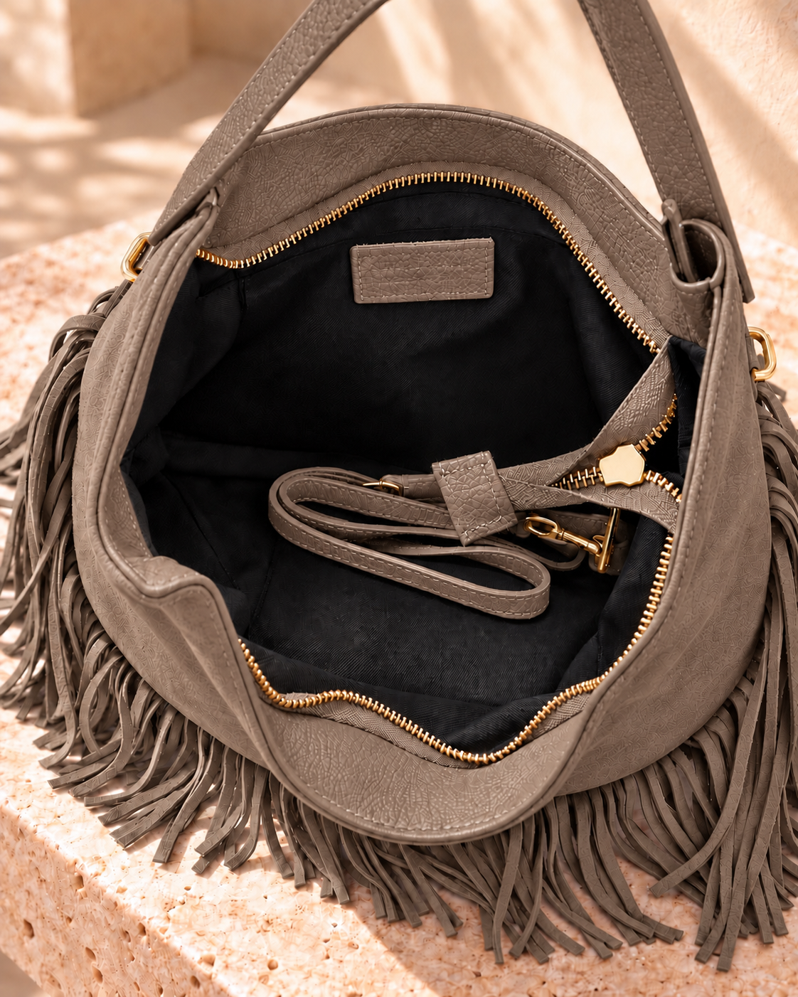 Taupe Boho Fringe Hobo Bag