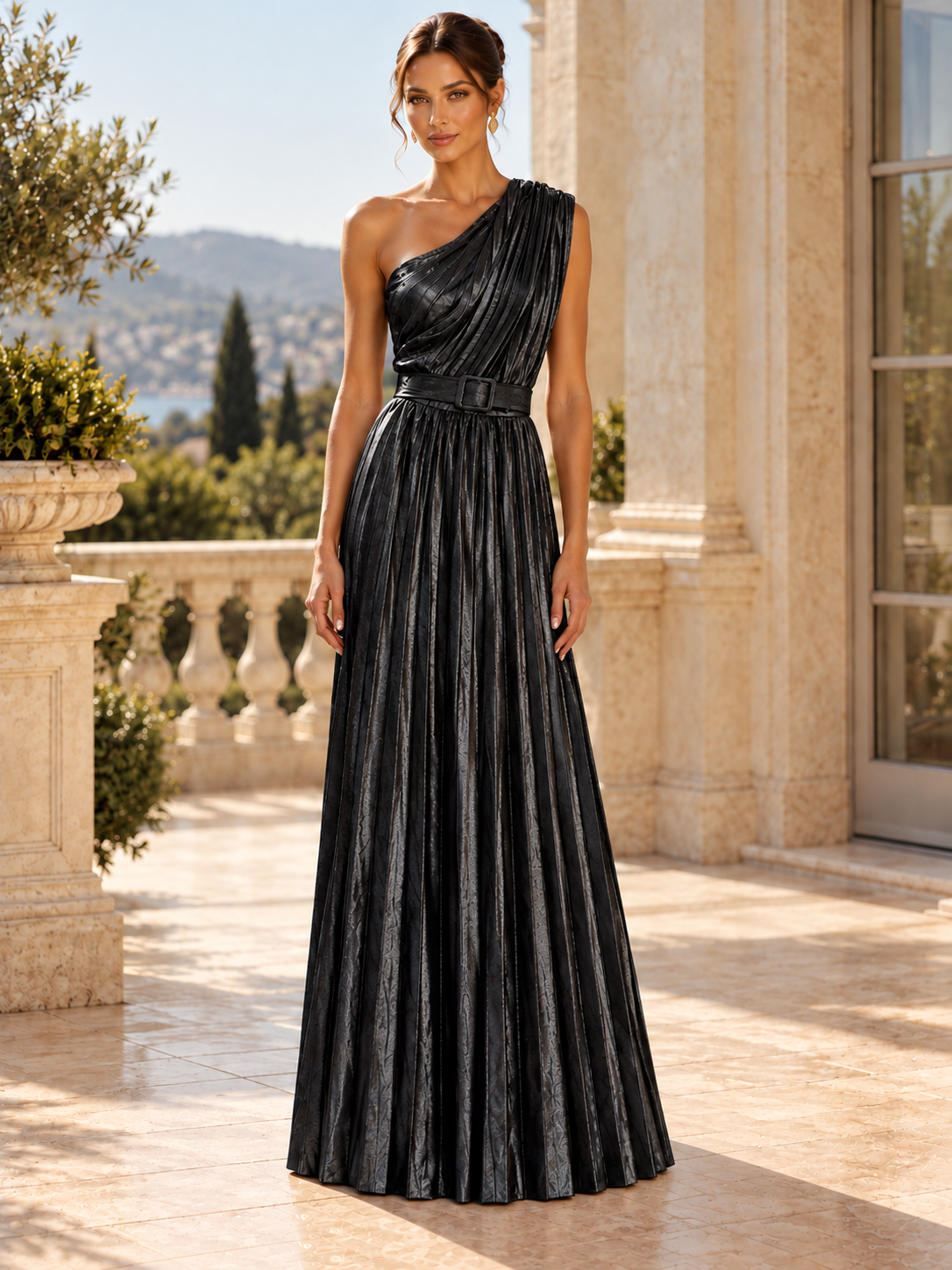 Black Italian Metallic One-Shoulder Maxi Dress