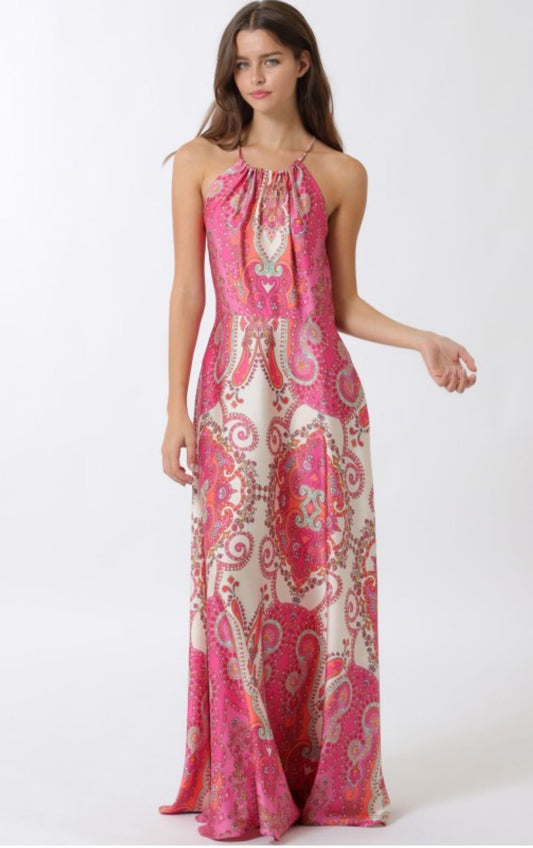Pink Tone Halter Maxi Dress – Bohemian Chic Style