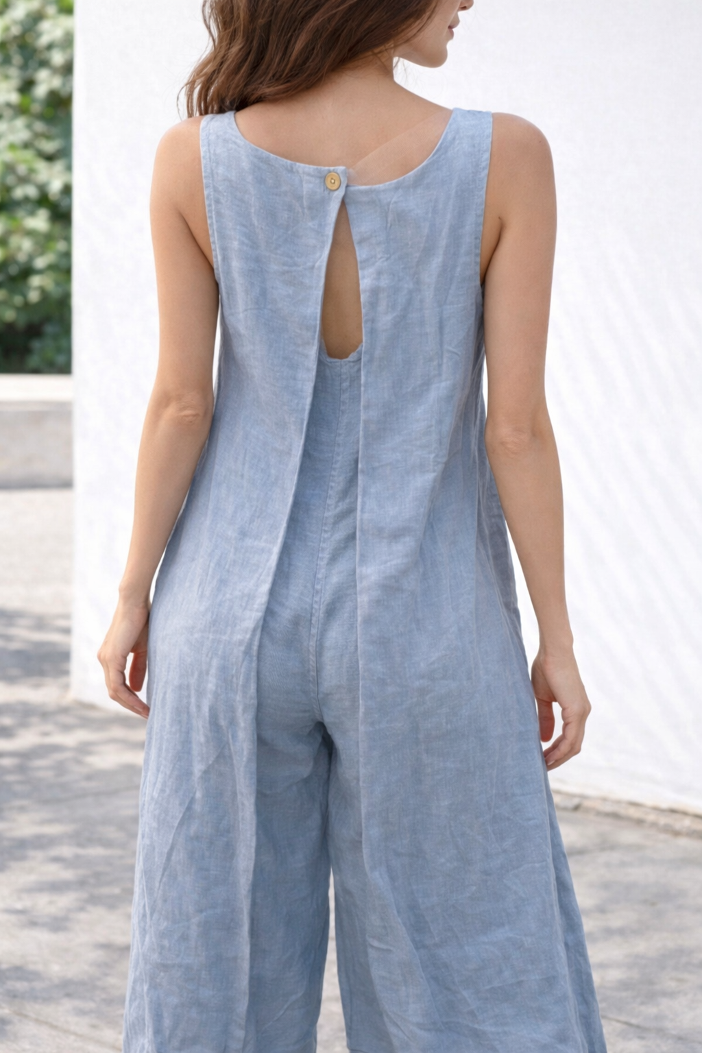 Italian Jumpsuit Blue Linen Wide-Leg with Keyhole Back Detail