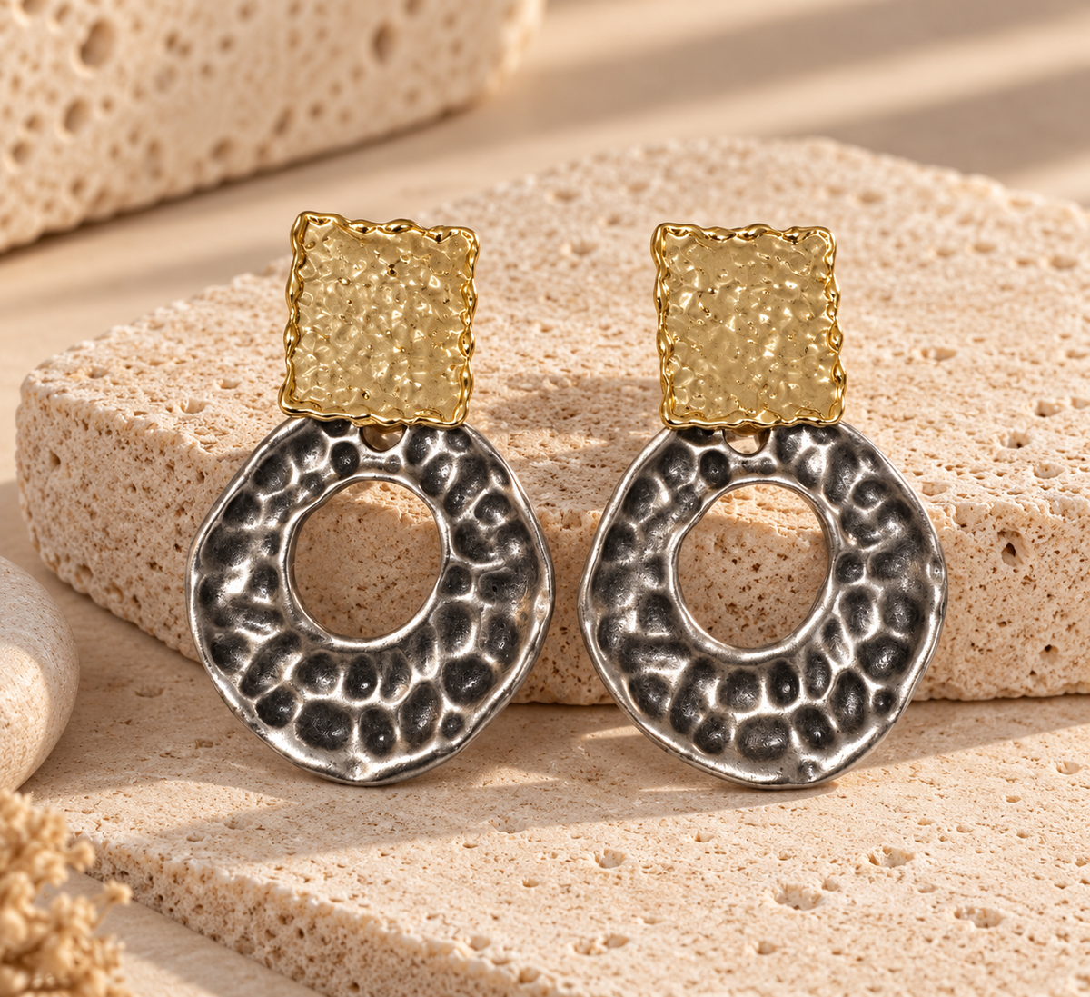 Mixed Metal Hammered Statement Earrings