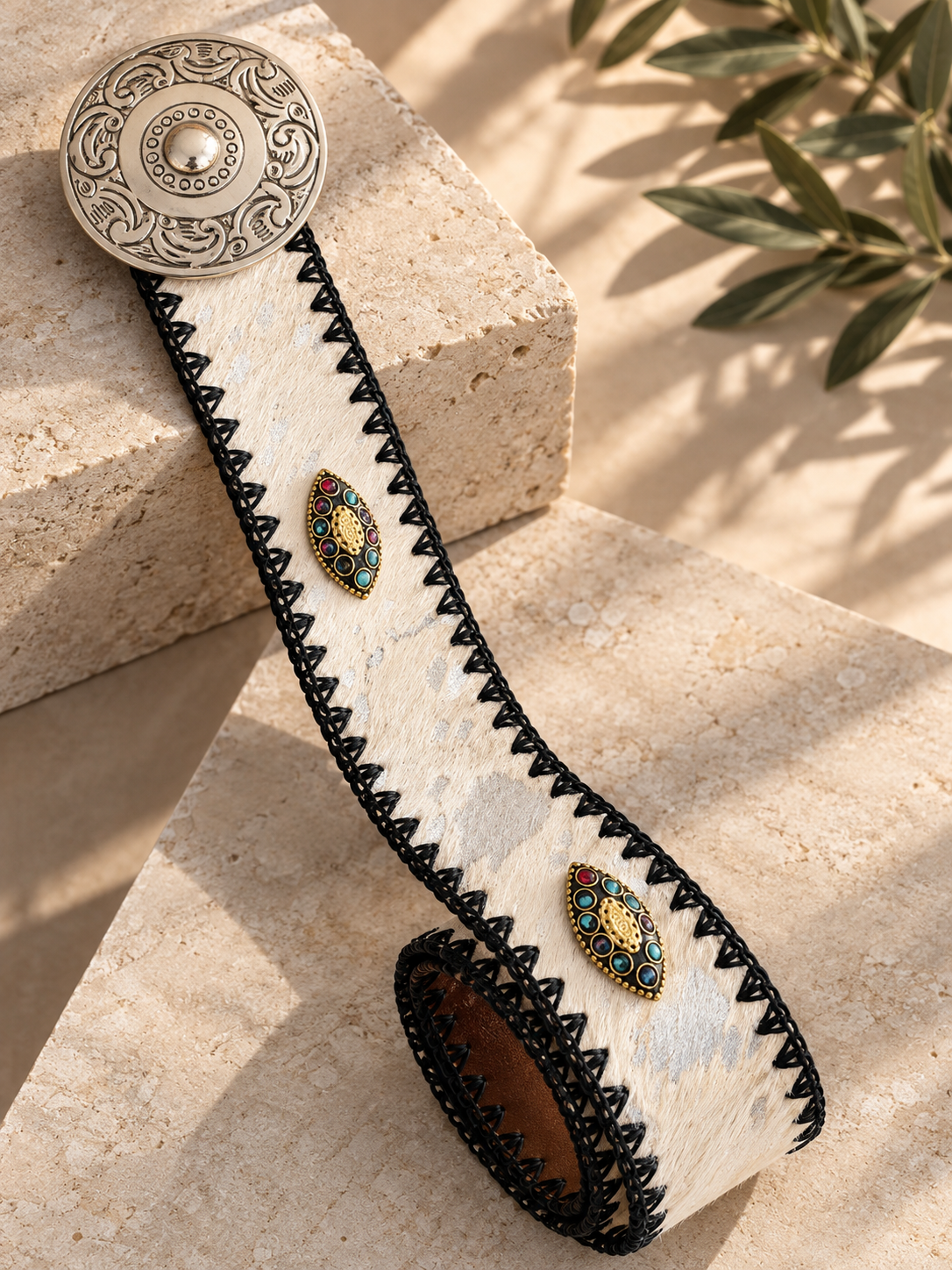 Ivory Cowhide Statement Belt with Jeweled Conchos