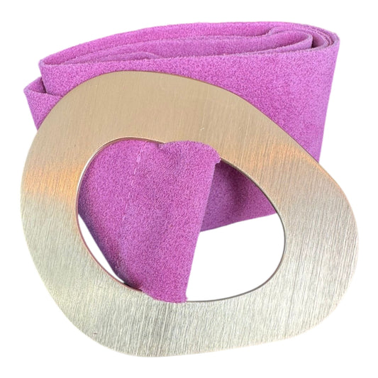 Pink Suede Geometric Gold Buckle Belt