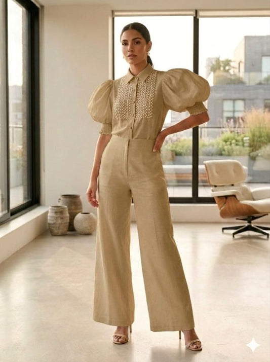 Elegant Beige Set with Embroidered Blouse & Straight-Leg Pants