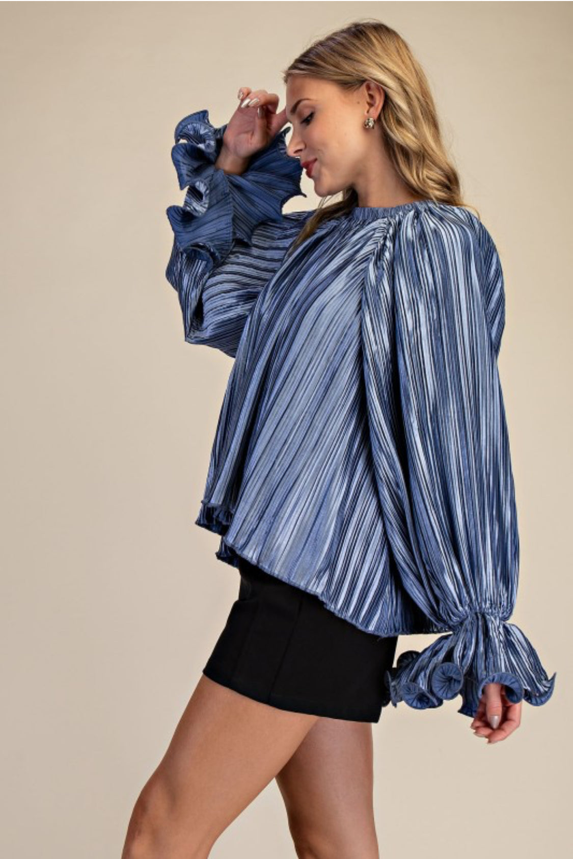Pleated Full Ruffles Top Blue
