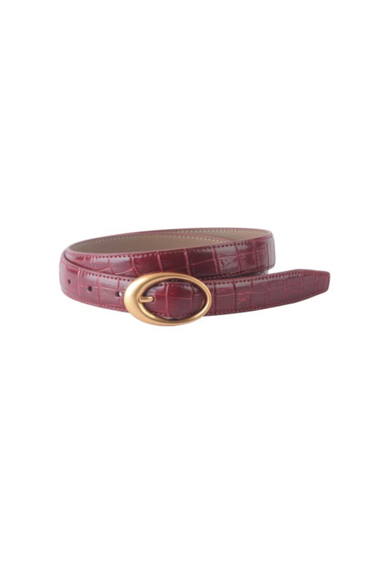 Red Leather Belt with Gold Equestrian-Inspired Buckle