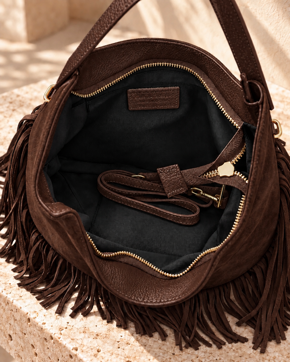 Dark Chocolate Boho Fringe Hobo Bag