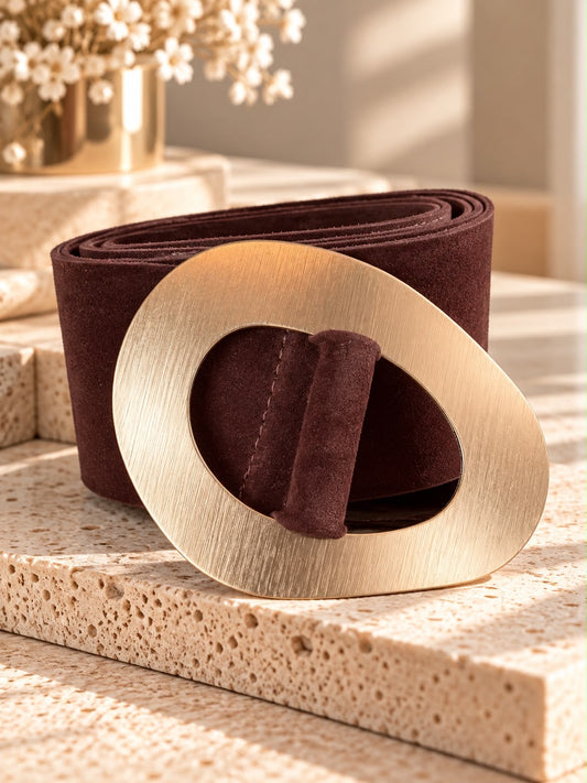 Burgundy Suede Geometric Gold Buckle Belt