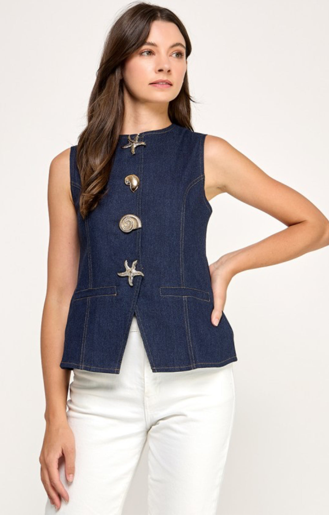 Sleeveless Metal Button Detail Denim Shirt Blue