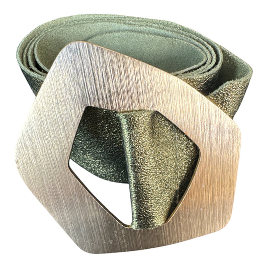 Metallic Olive Green Belt with Brushed Statement Buckle