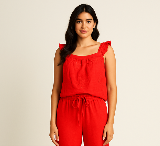 Italian Linen Top With Sangallo in Coral