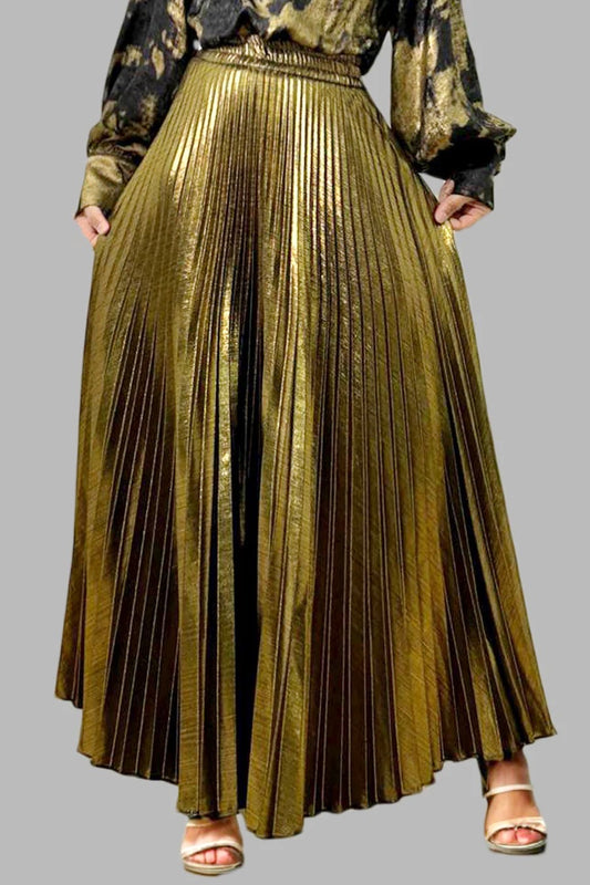 N by Nancy Gold Pleated Maxi Skirt